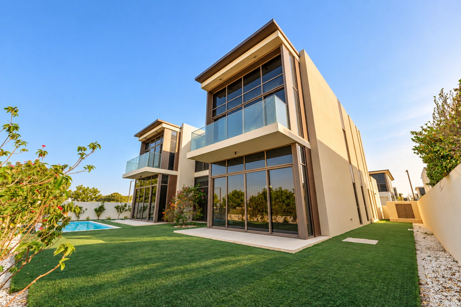 Rear exterior with digitally enhanced lighting and water added to the existing pool