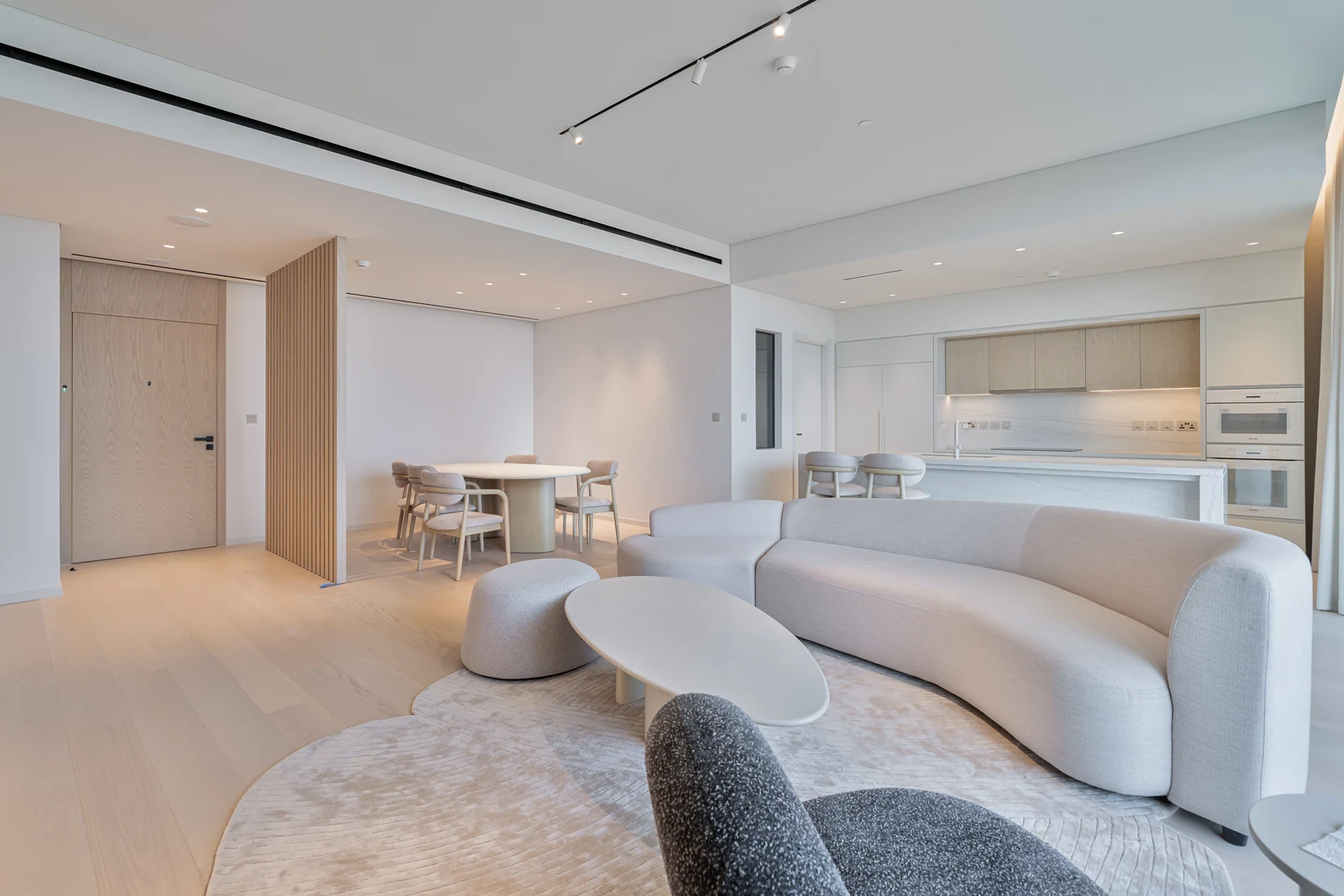 Living and dining room with an open kitchen