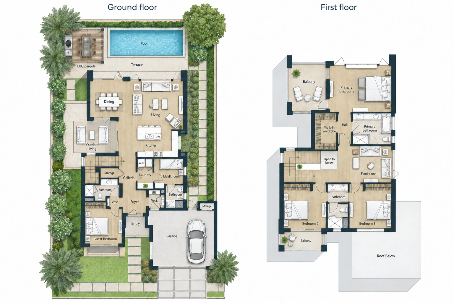 E3 floor plans with one main pool and a shaded BBQ pergola; ground-floor living, dining, kitchen, guest bedroom and garage; first-floor primary suite, two bedrooms and family room